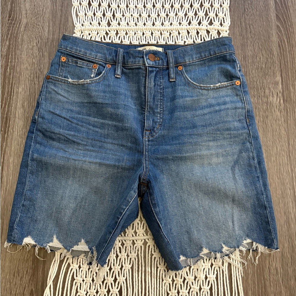 Madewell high rise mid length distressed jean shorts